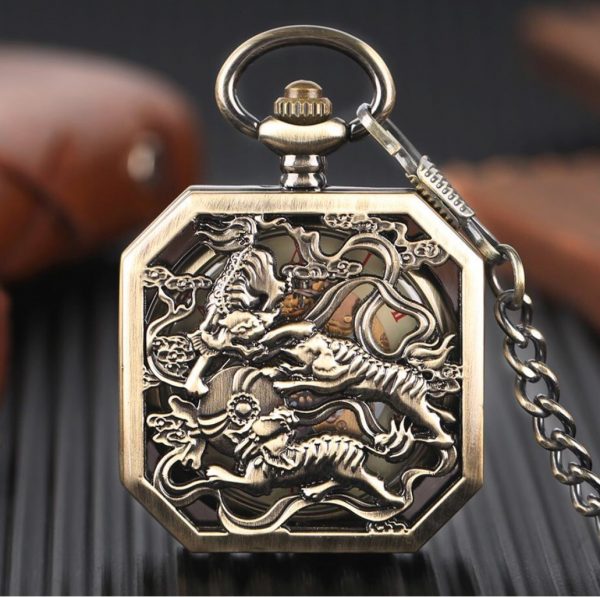 Skycosa.com Bronze Double Tiger Skeleton Automatic Mechanical Pocket Watch