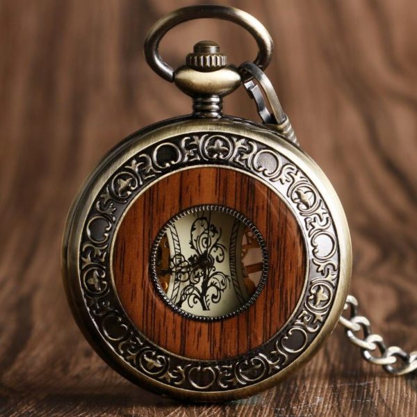 Skycosa.com Wooden Finish Skeleton Automatic Mechanical Pocket Watch
